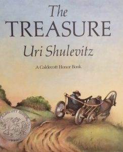 Front cover of the book The Treasure with a man getting a ride on a horse-drawn cart.