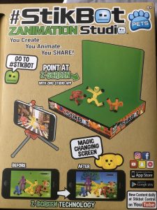 Stickbot Studio Pro box showing figures, green screen, and tripod