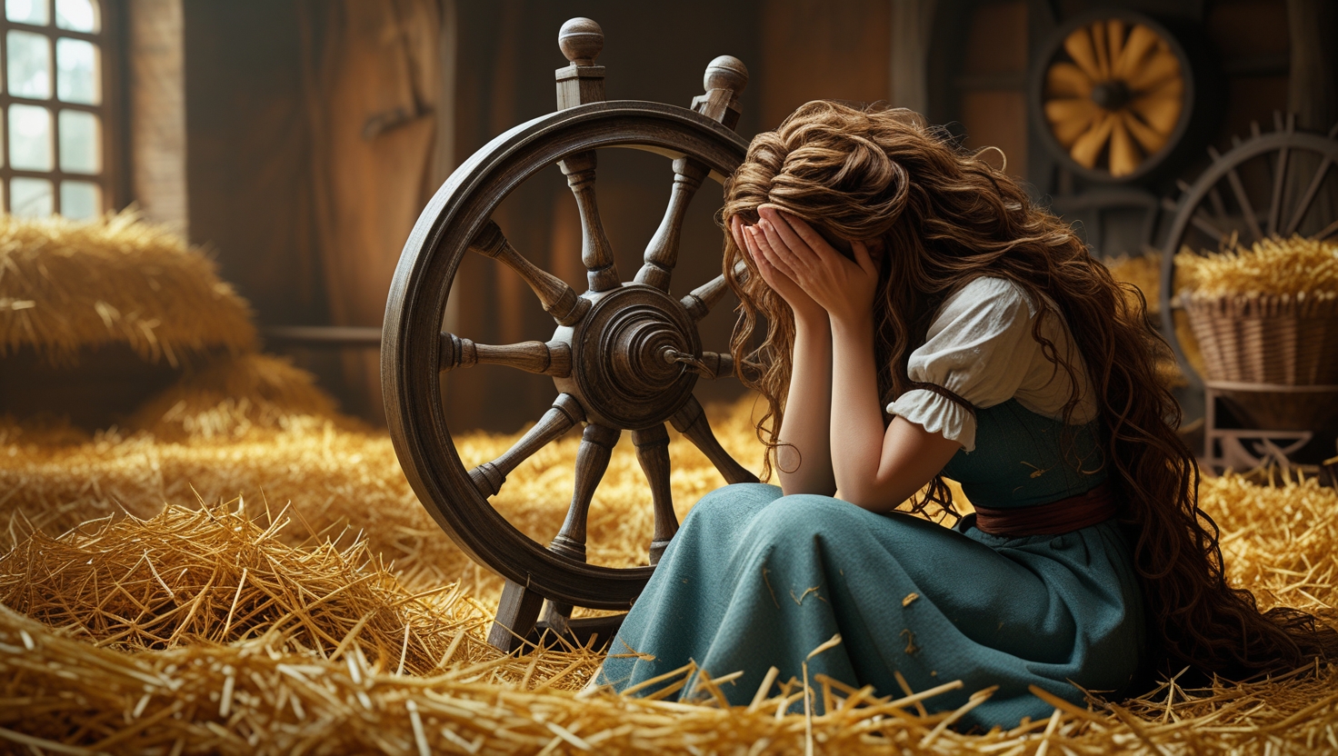 The miller's daughter sitting alone, weeping beside the spinning wheel