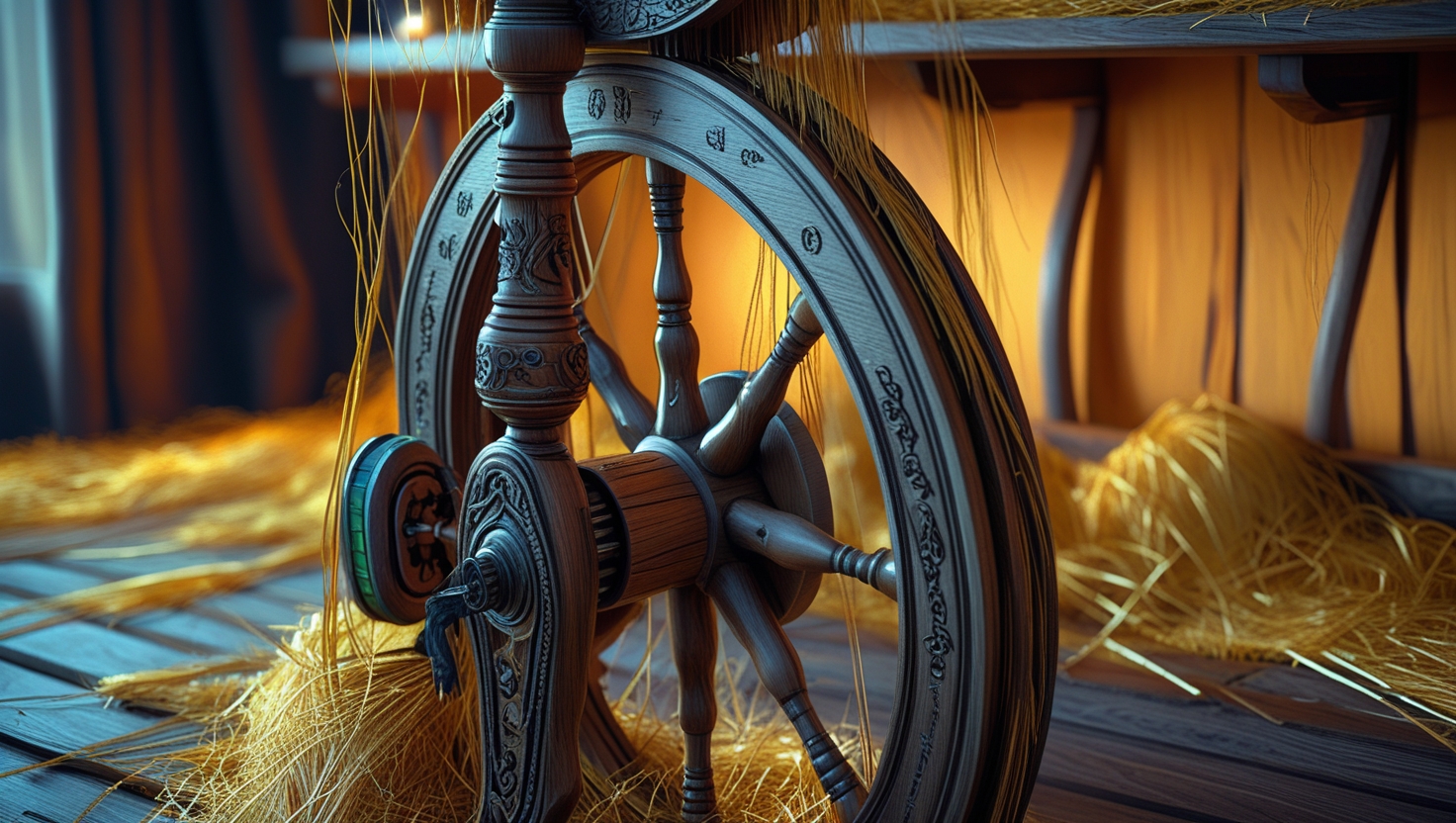 A chamber piled high with straw, a spinning wheel set in the middle