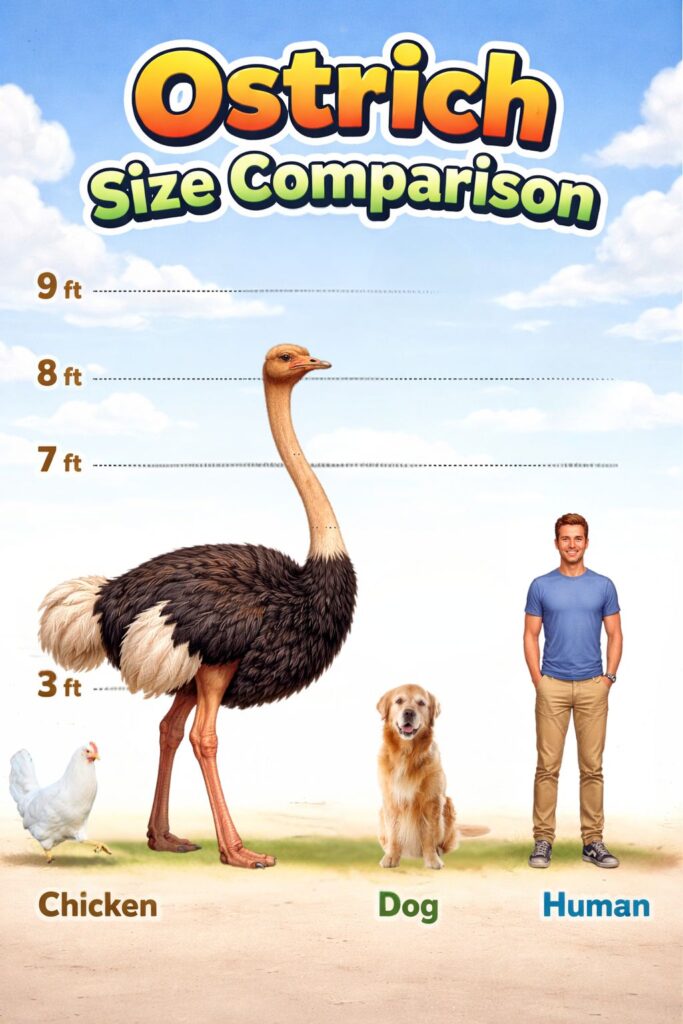 Ostrich compared to a chicken, dog, human