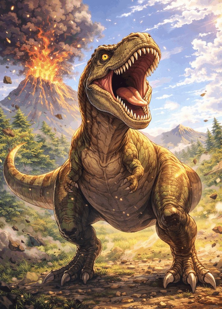 Tyrannosaurus rex screaming as a volcano erupts behind it