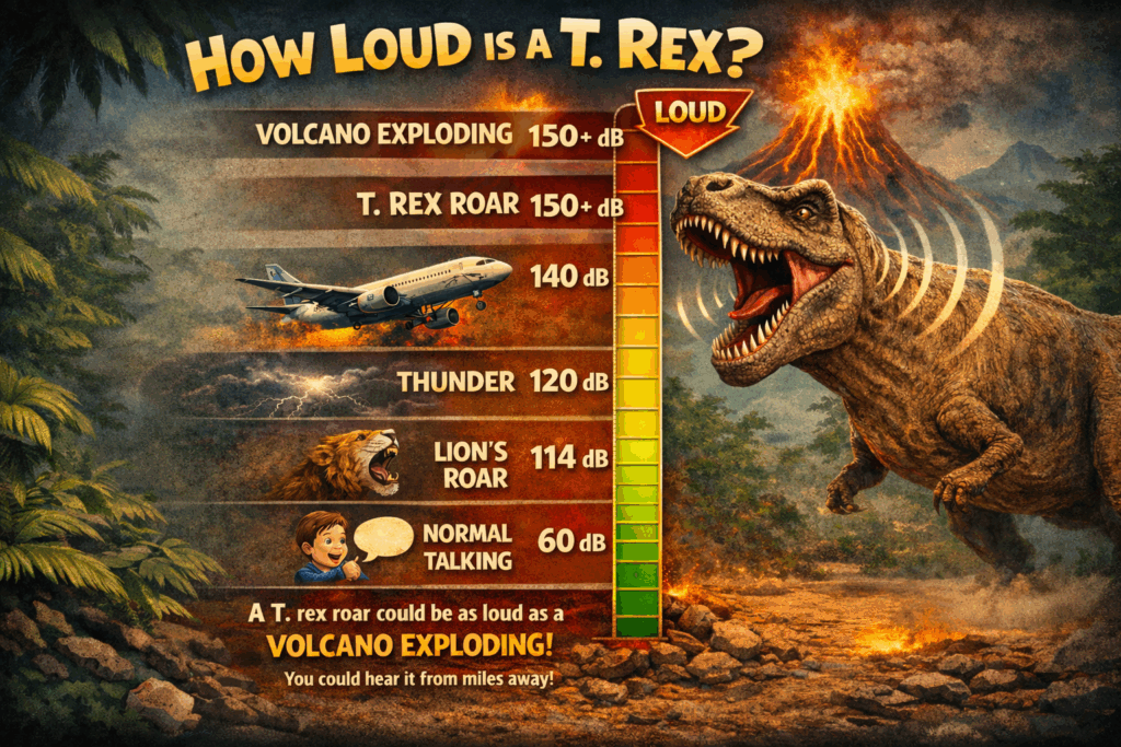 How Loud was a T. Rex Roar? An image comparing a T. rex roar to a human, a lion, a plane, thunder, and an exploding volcano.