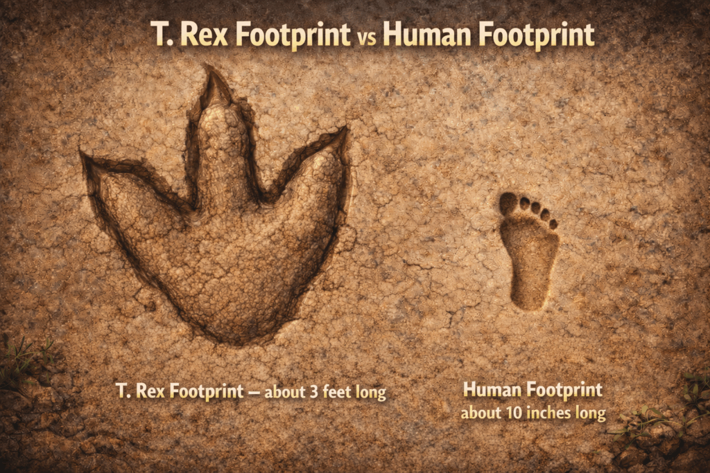 T. rex footprint compared to a human footprint