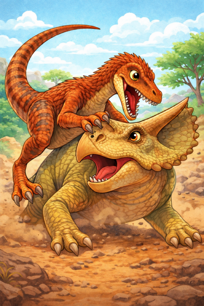 Velociraptor locked in battle with a Protoceratops