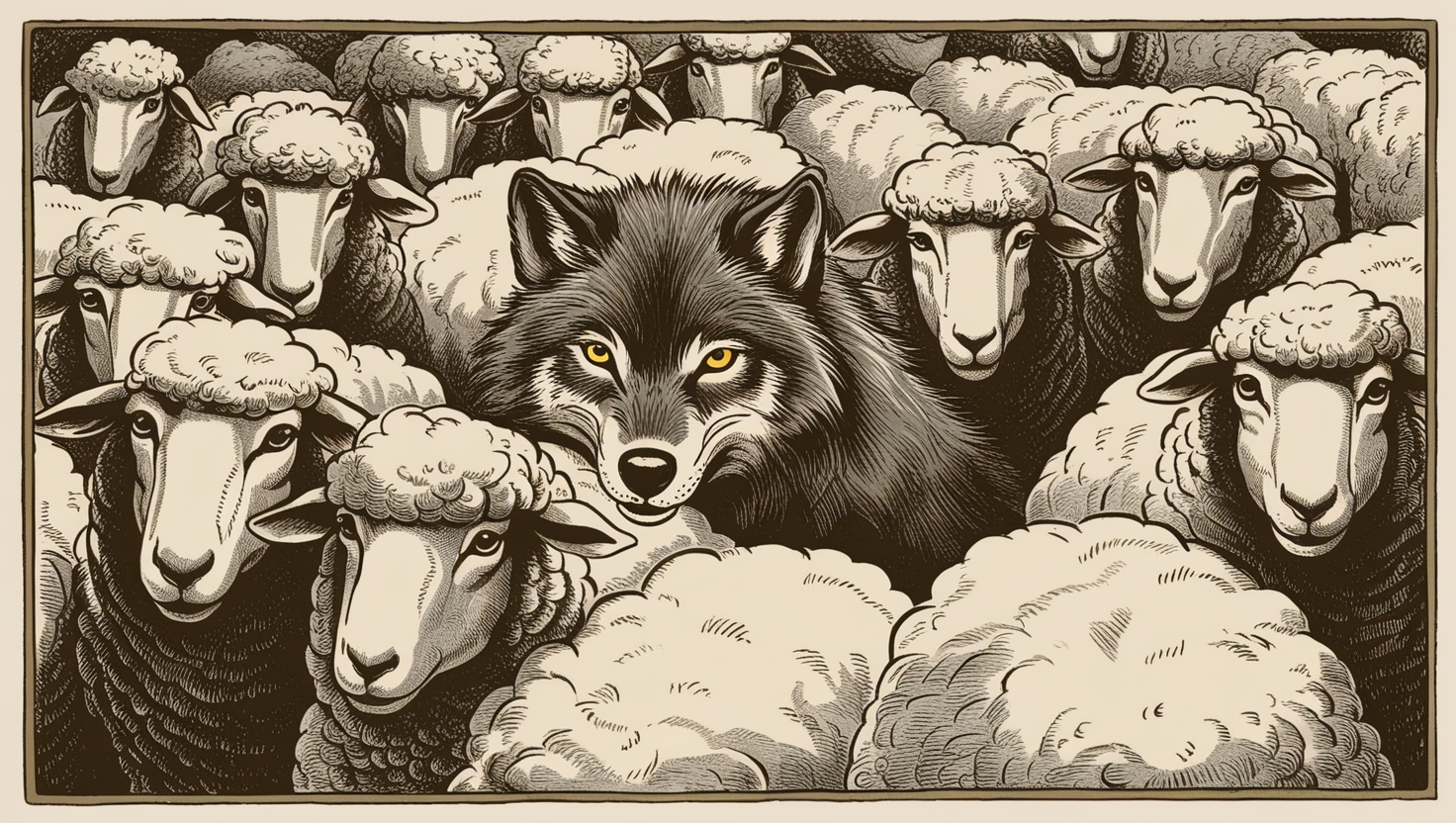 A wolf hides among a flock of sheep