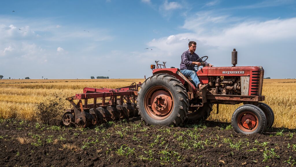 A man breaks up the soil on his farm using a disc harrow tractor in order to prepare the soil for seeds