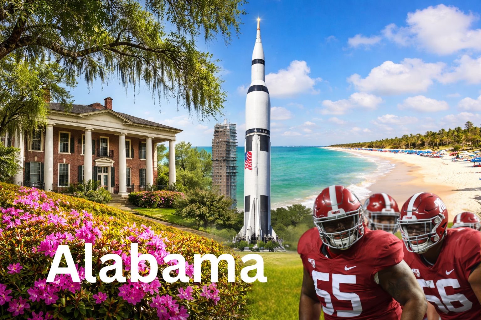 Alabama landmarks collage featuring a Saturn V rocket in Huntsville, Gulf Coast beach, southern home, and college football helmets