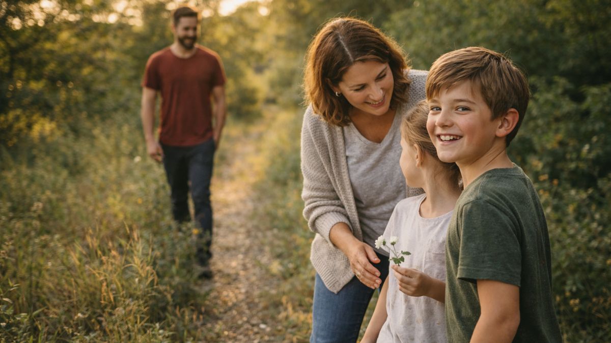 A family walks together looking at flowers as part of their homeschooling curriculum