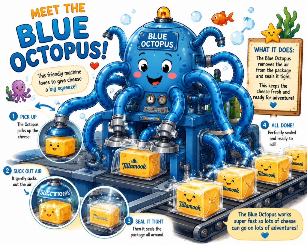 The Blue Octopus squeezes the cheese