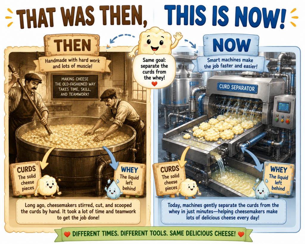 Image of cheese curd being separated by hand in the past, vs by machine in modern day